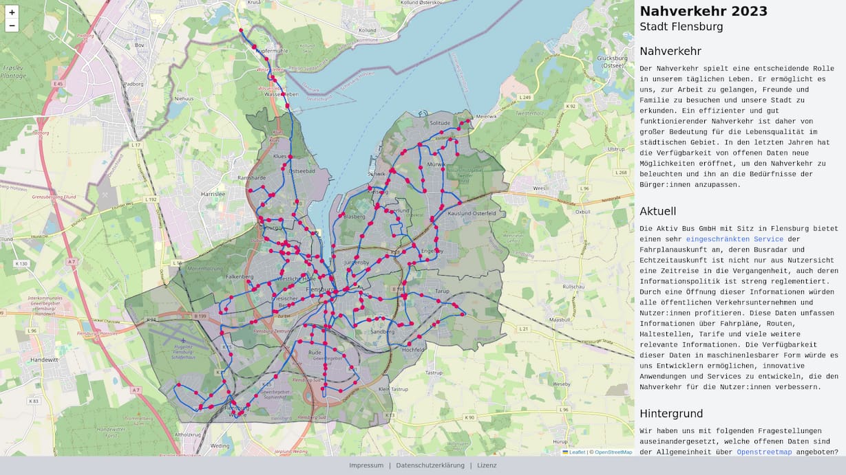Screenshot Stadtplan mit dem Nahverkehr in Flensburg